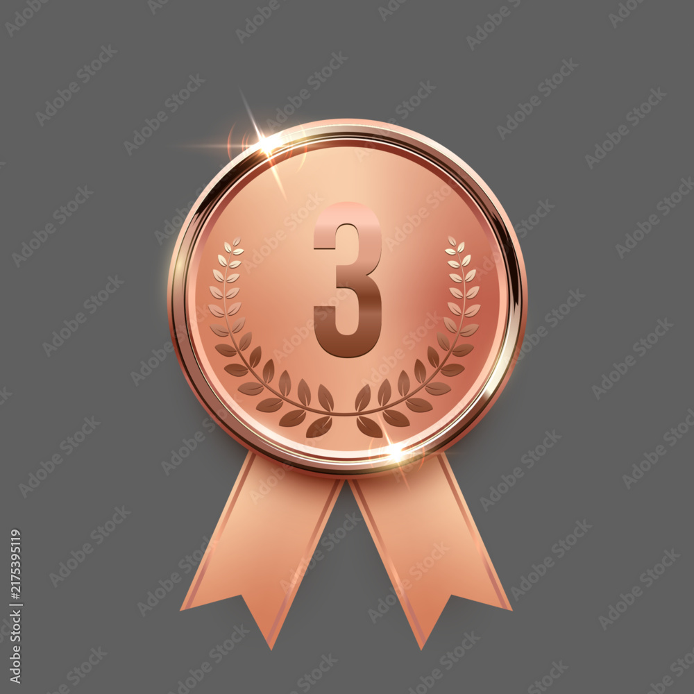 Obraz premium Bronze medal. Realistic 3D copper award medal with ribbons, symbolizing third place in sports, competitions, athletic events. Winner emblem, diploma, certificate. Elegant vector illustration.