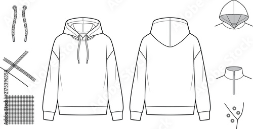 Oversized hoodie fashion technical flat sketch vector mockup template with clothing construction zoom details front and back views.