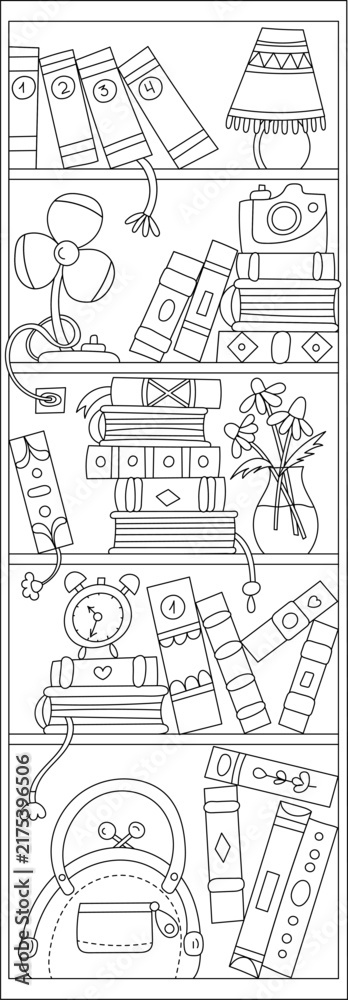 Fototapeta premium Detailed line drawing showing books and household items arranged on shelves for coloring activity