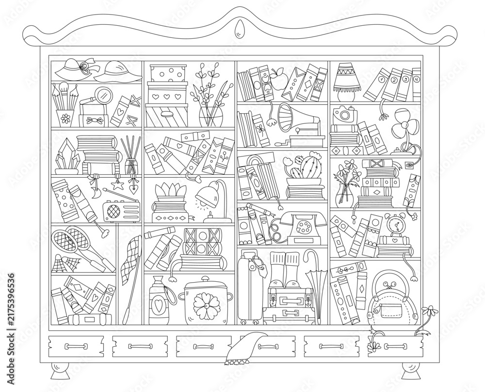 Fototapeta premium Intricate line drawing shows a cluttered wooden cabinet filled with vintage items and many books