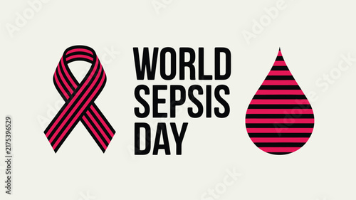 World Sepsis Day medical awareness banner, pink and black striped ribbon icon, blood drop graphic for healthcare campaigns