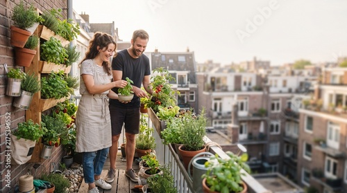 Couple Gardening Together on Balcony With Vertical Garden and Potted Plants at Sunrise