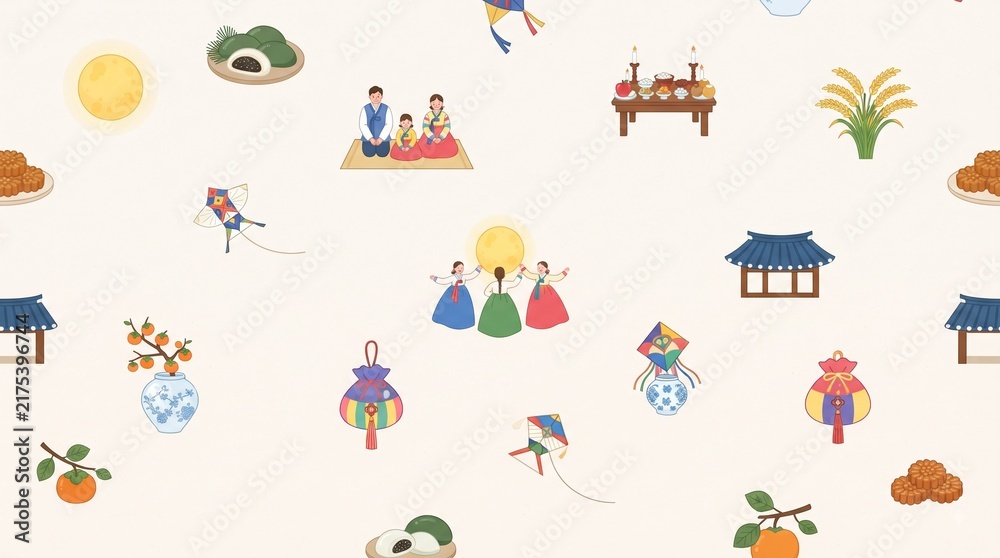 Naklejka premium Minimalist Korean Traditional Holiday Chuseok and Seollal Seamless Pattern Background