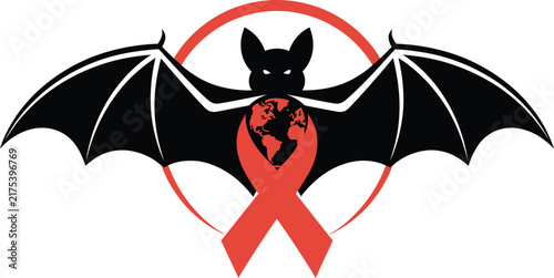Gothic bat silhouette with red awareness ribbon and globe, spooky animal virus concept, global health crisis vector illustration