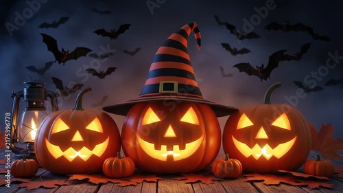 A seamless pattern halloween jackolanterns with witch hat