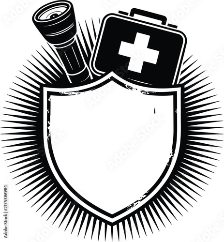 Emergency preparedness shield emblem, first aid kit and flashlight survival gear, black and white safety icon vector