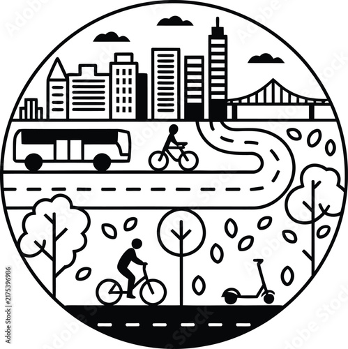 Sustainable city transport vector icon, urban mobility with bicycle and bus, eco-friendly metropolitan lifestyle illustration