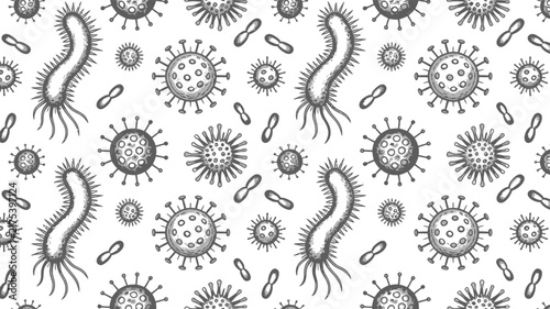 Hand-drawn bacteria seamless pattern, vintage sketch virus and microbe background, black and white medical vector texture