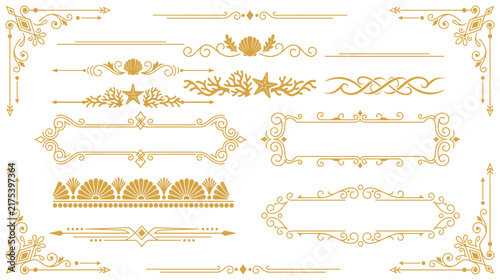 Bild auf Leinwand Golden ocean theme ornate borders with sea shells and corals for nautical design accents