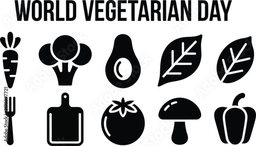 World Vegetarian Day icon set, black flat vector vegetable symbols, healthy organic food collection for vegan lifestyle and nutrition