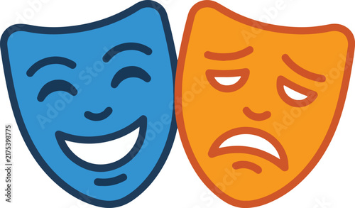 Classic Comedy and Tragedy Theatrical Masks, Blue Smiling Happy Mask and Orange Crying Sad Mask, Simple Vector Art for Theater, Drama and Performance Design Halloween
