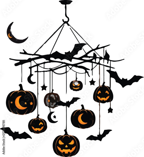 Halloween Pumpkin Mobile with Bats and Moon, Vector Halloween Decoration Illustration, Mobile, Party Background Halloween