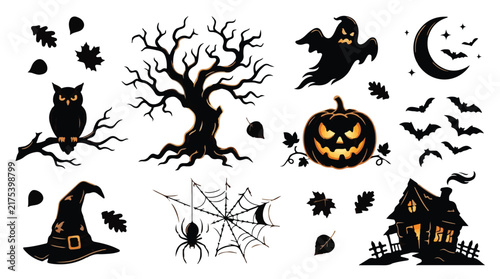 Halloween Icon Set Vector, Witch Hat, Pumpkin, Ghost, Owl, Tree, Spider, Haunted House, Bats, Moon, Leaves, Silhouette Collection, Black And Orange, Symbols For Design Halloween