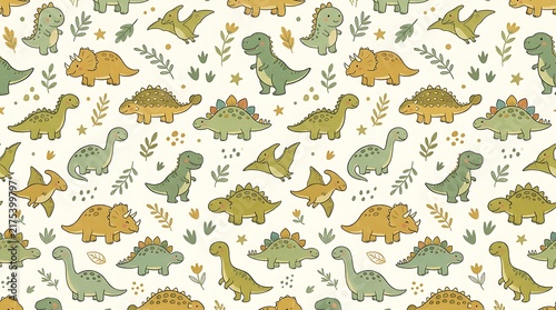 Dinosaur seamless pattern with various dinosaur species and green leaves on a white background for children's clothing.