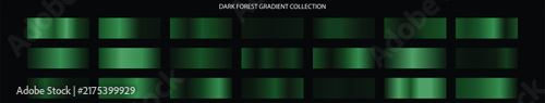 Dark forest gradient collection, emerald green metallic swatches on black background, luxury nature inspired color palette, 21 vector swatches for graphic design and branding