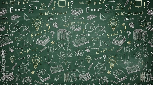 Math and science equations with formulas geometric shapes on blackboard for education.