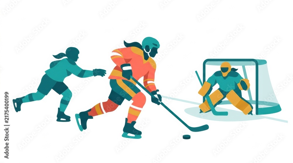 Fototapeta premium Two female athletes are in a breakaway situation in ice hockey. One is skating towards the goal while another is chasing.