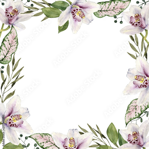 Watercolor frame with white orchid flowers and green leaves on a white background. Space for text. Botanical illustration for wedding invitations and greeting cards.