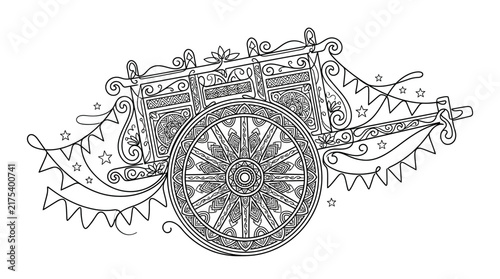 Ornate traditional wooden cart with decorative mandala wheel line art illustration