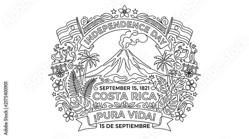 Costa Rica Independence Day Celebration Line Art Illustration with Volcano and Tropical Nature