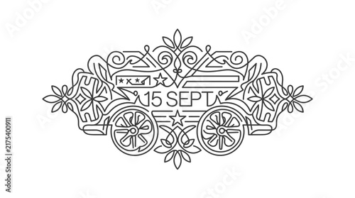 Elegant vintage carriage monoline illustration with decorative scrolls and September 15 date
