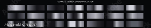 Gunmetal metallic gradient collection with 21 vector swatches, dark steel and iron texture palettes, industrial chrome and charcoal grey metal finishes for graphic design.