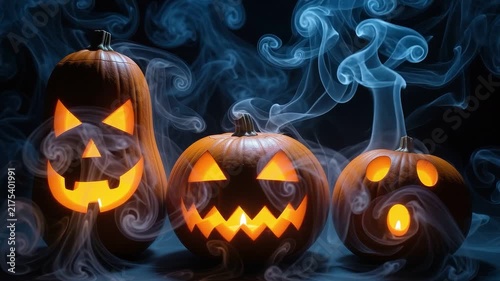 A seamless pattern three carved jackolanterns with blue smoke