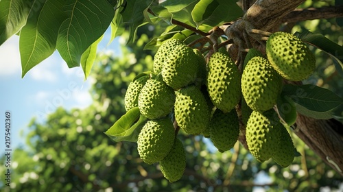 A photo of a soursop tree with spiky green fruit
