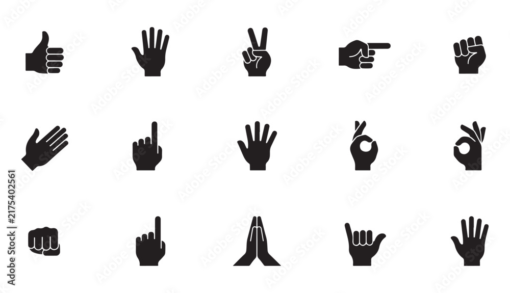 Fototapeta premium Comprehensive collection of black hand gesture icons for user interface design and human signals.