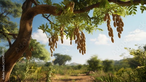 A photo of a tamarind tree with long pods