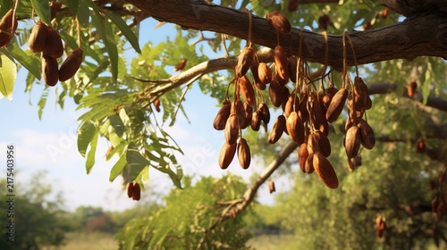 A photo of a tamarind tree with ripe pods