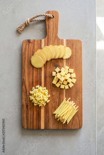Fresh Ginger Prepared 4 Ways Slices Diced Grated Matchstick on Board