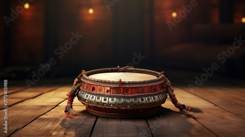A photo of a tambourine on a wooden table: