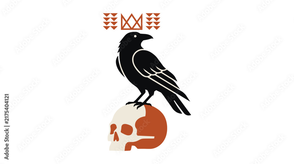 Obraz premium Minimalist raven perched on a skull with geometric crown symbol