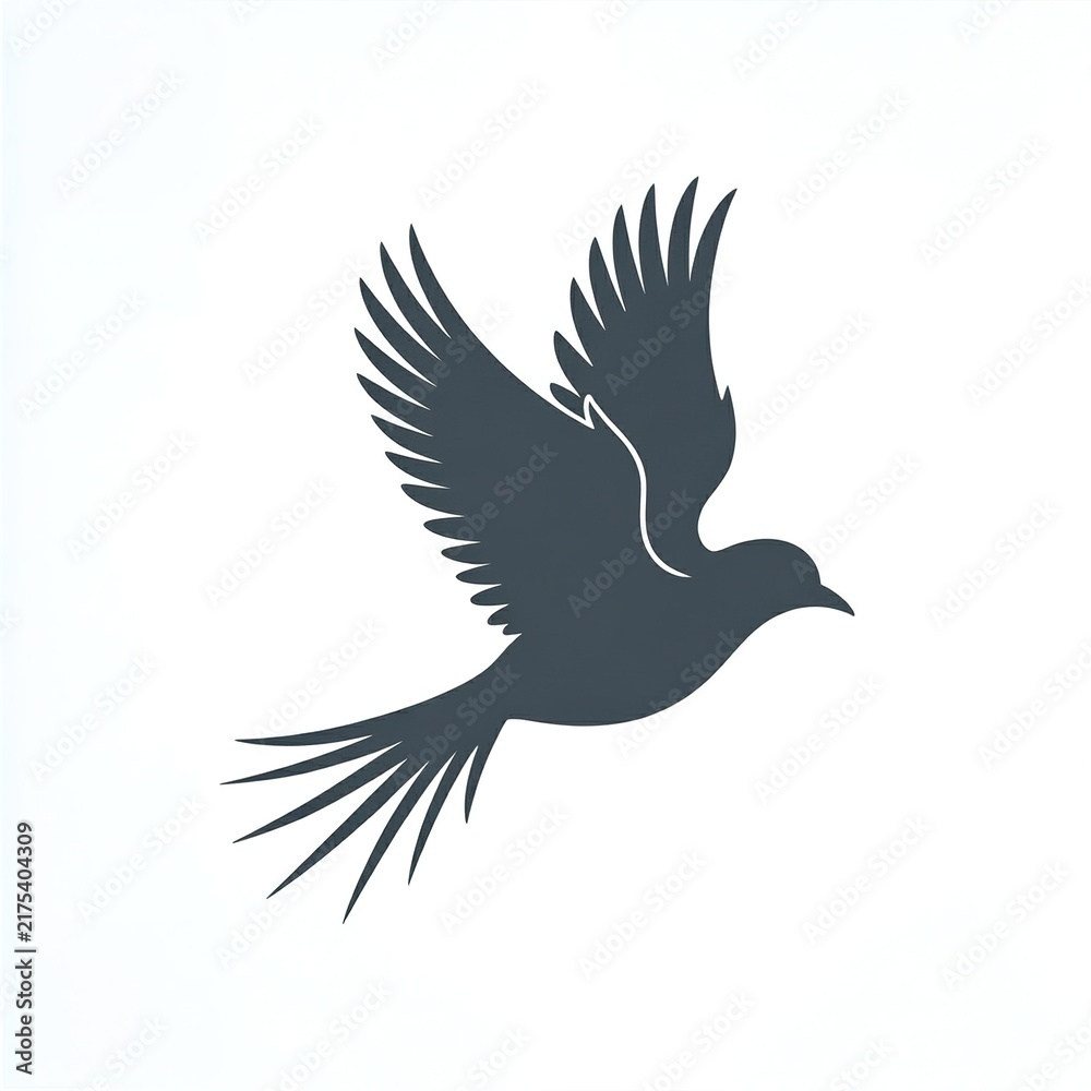 Fototapeta premium Dark gray silhouette of a flying bird with spread wings on white background