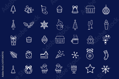 Christmas and Winter Holiday Hand Drawn Line Icons Set on Dark Blue Background