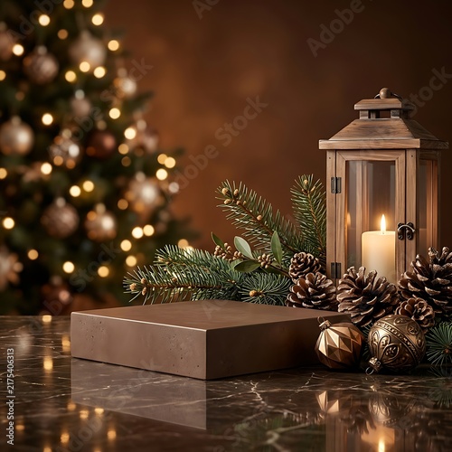 Empty wooden product display podium with christmas decorations and a glowing lantern for a merry christmas holiday background