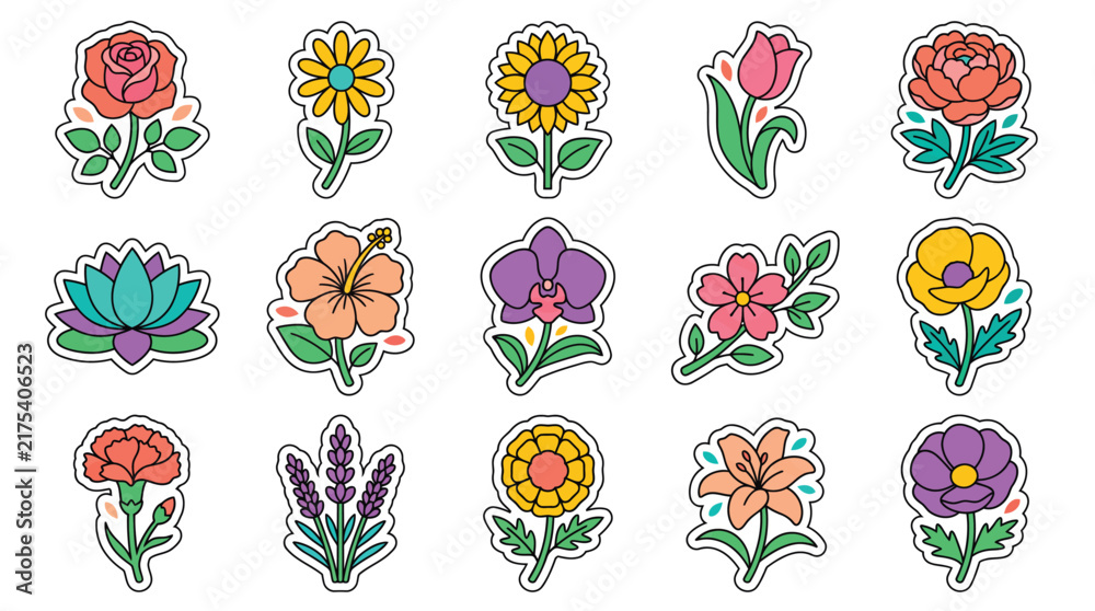 Fototapeta premium Vibrant set of colorful flower stickers featuring roses tulips and blooms in a cheerful illustrated style