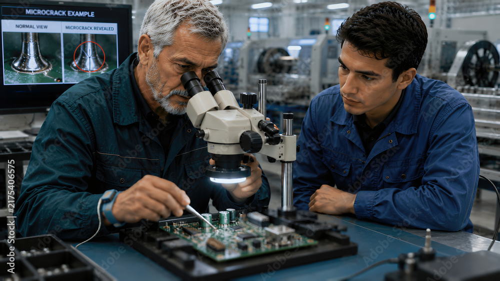 Fototapeta premium Senior Technician Teaching PCB Microscope Inspection in Electronics Manufacturing