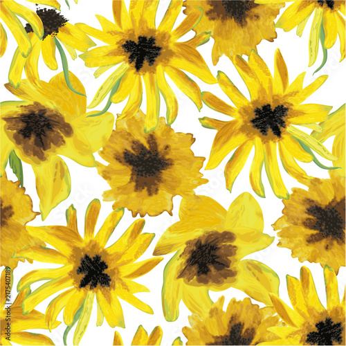 Vector seamless pattern, hand drawn sunflower, chamomile, gerbera on a white background