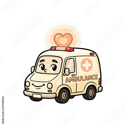 Cute Cartoon Ambulance Hospital Emergency Vehicle with Heart Light Vector Illustration