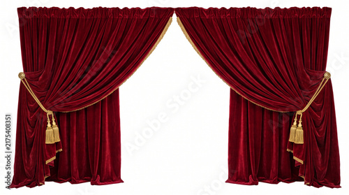 Ultra-realistic luxurious deep-red theater curtains, two heavy velvet curtain panels pulled open with elegant golden tiebacks, intricate folds and rich textile texture