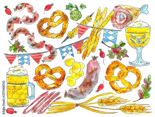 Oktoberfest food and beer collection, watercolor illustration