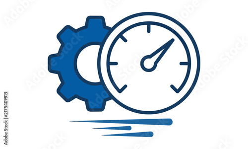Minimal line art icon depicting a stylized cogwheel and circular gauge dial indicating high performance on a white background. Technology and optimization concept