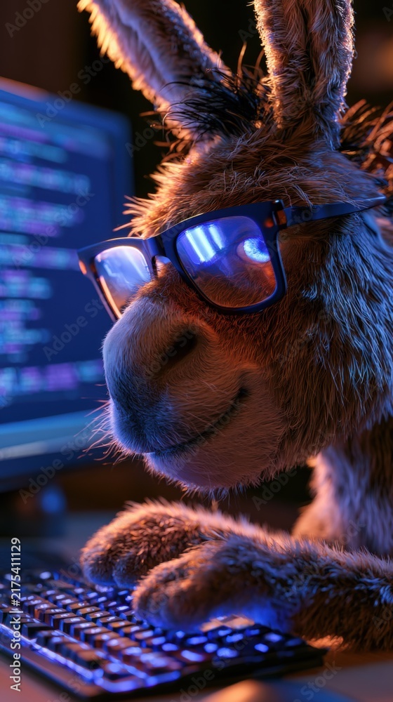Fototapeta premium Donkey wears glasses, typing on glowing keyboard