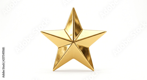 Gold Star A shiny metallic gold five-pointed star sculpture, isolated on a pure white background, reflective surface