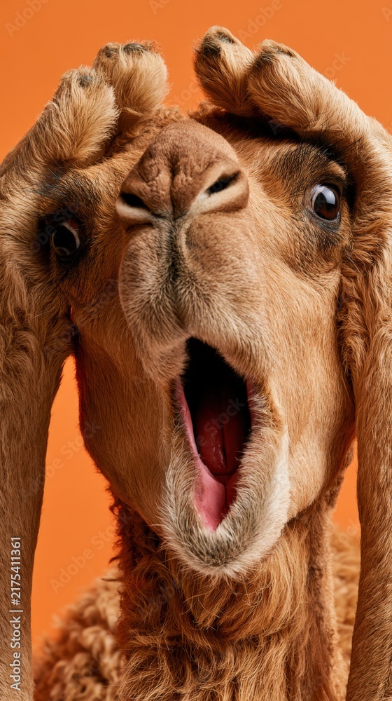 Obraz premium Camel yawns widely with surprised, wide eyes