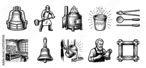 Set of vintage bell founding icons showing the metalworking process with a furnace, molten metal, foundry worker, and finished bells in a classic woodcut illustration style