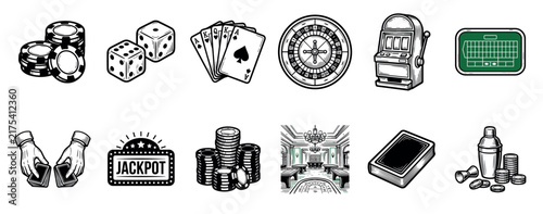 Collection of vintage black and white casino icons including poker chips, dice, playing cards, a roulette wheel, and a slot machine in a retro line art illustration style