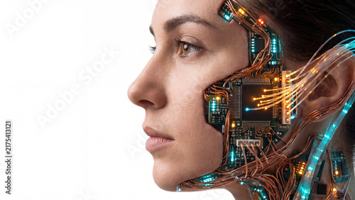 Cyborg woman profile featuring exposed mechanical wires and glowing digital circuit board textures.